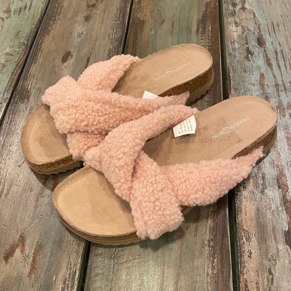 Treasure & Bond Teddy Blush Cork Faux Shearling Fleece Sandals Slides Slippers 7 - Picture 8 of 8